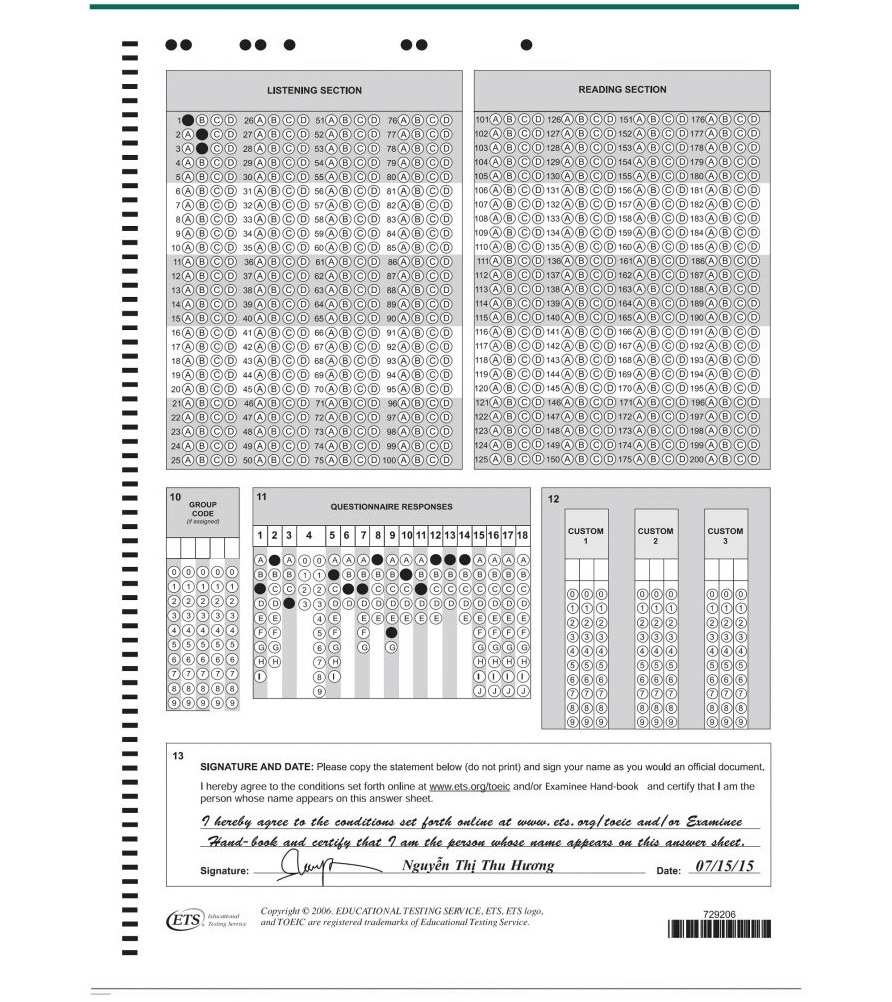 Mẫu TOEIC Answer Sheet 2020
